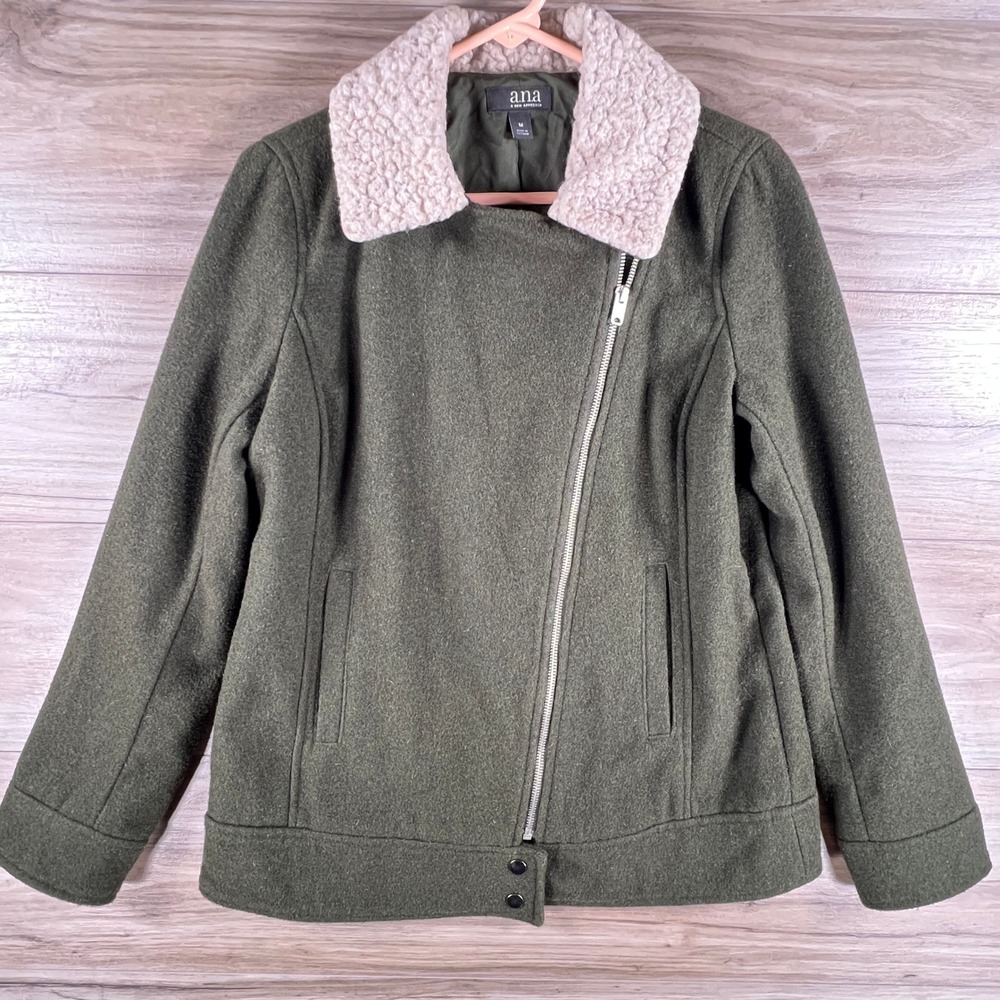a.n.a Womens Olive Green Wool Blend Moto Jacket Faux Shearling Collar Medium
